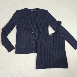 Lauren Ralph Lauren BLACK LABEL Sweater Set - Cable Knit Navy Blue Size Medium